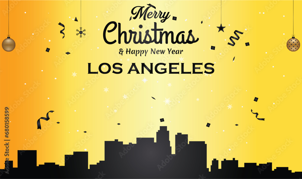 Christmas and New year golden greeting card with black panorama of the city of Los Angeles