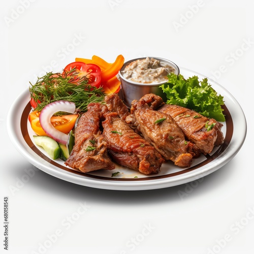 a plate of meat and vegetables