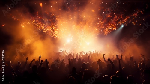 Crowded concert festival with scene stage orange and yellow lights. Generated AI.
