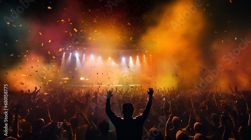 Crowded concert festival with scene stage orange and yellow lights. Generated AI. © Leifur