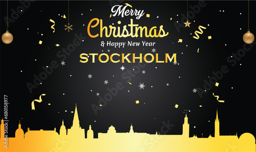 Christmas and New year black greeting card with golden panorama of the city of Stockholm