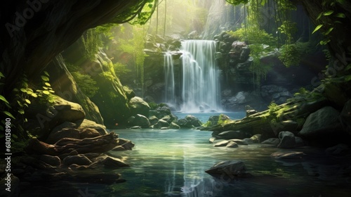 Verdant moss-covered rocks with waterfall backdrop. Pristine and untouched forest scene.
