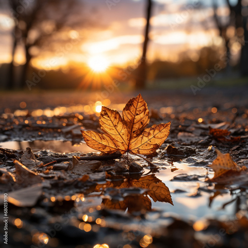 beautiful autumn evening sunset wallpaper  creative perspective with fallen leaf  epic sunlight  rural romantic created with Generative Ai