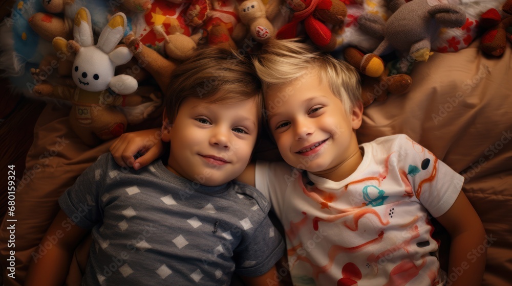 Family time. Two siblings playfully chase each other in the bedroom, sharing smiles and laughter on the bedroom floor. After having a joyous playtime with toys scattered around the room Family time. Two siblings playfully chase each other in the bedroom, sharing smiles and laughter on the bedroom floor. After having a joyous playtime with toys scattered around the room
