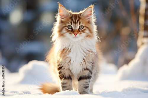 The pretty longhair kitten in white, gray, and orange fur colors walks in cold snowy weather. The fur is covered with wet snow. Health and safety concerns for cats in cold weather.