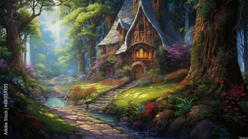 Picturesque cottage nestled among lush greenery and blooming flowers with a serene stream. Fantasy woodland escape.