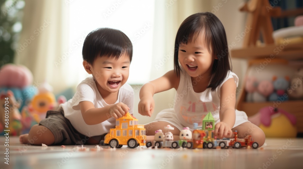Young Asian children play with toys in the room joyfully, smiles and laughter filling the air, the happiness and fun of childhood. Young Asian children play with toys in the room joyfully, smiles and laughter filling the air, the happiness and fun of childhood.