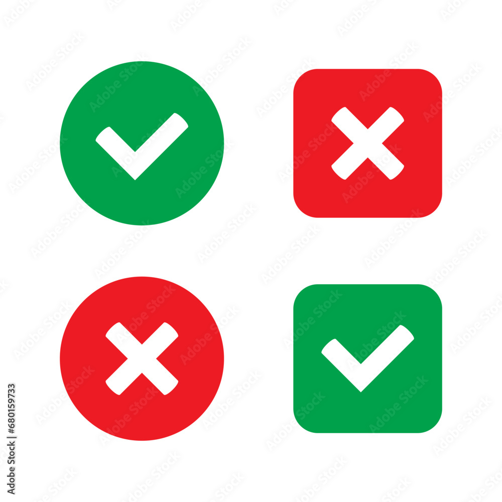 Green tick and red cross checkmarks flat icons. Yes or no symbol, approved or rejected icon for user interface. Green tick and red cross checkmarks flat icons. Yes or no symbol, approved or rejected icon for user interface.