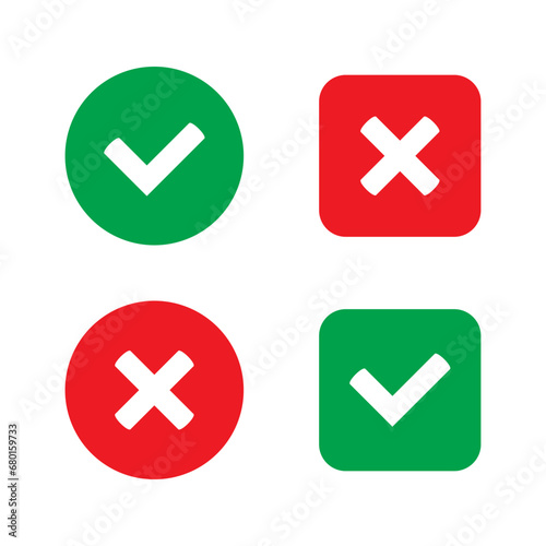 Green tick and red cross checkmarks flat icons. Yes or no symbol, approved or rejected icon for user interface.