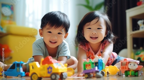 Young Asian children play with toys in the room joyfully, smiles and laughter filling the air, the happiness and fun of childhood.