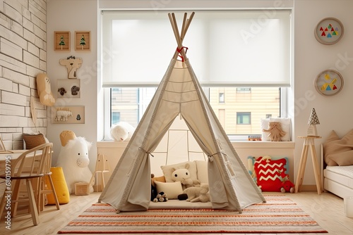Children room interior with teepee tent, plush toys, and wooden decor. Child friendly living spaces.