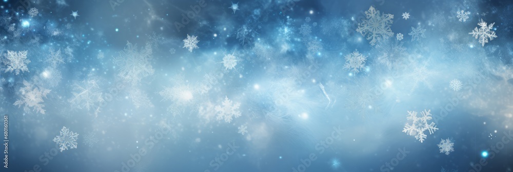 Blue falling snowflakes background. Christmas winter snowy celebration abstract banner wallpaper.