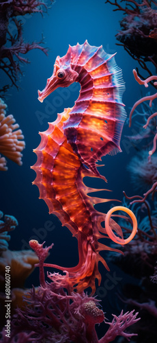 blue and neon seahorse and corals wallpaper  dark orange and light magenta  psychedelic neon created with Generative Ai