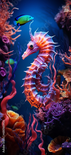 blue and neon seahorse and corals wallpaper  dark orange and light magenta  psychedelic neon created with Generative Ai