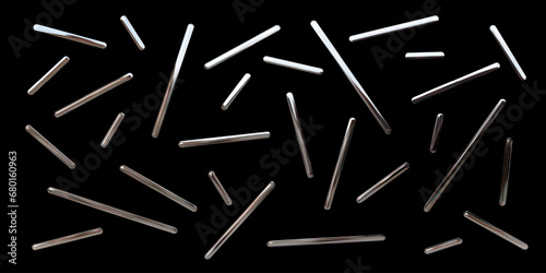 Chrome liquid metal shapes, silver 3D glossy rods, isolated Y2K stripe elements for modern graphic design