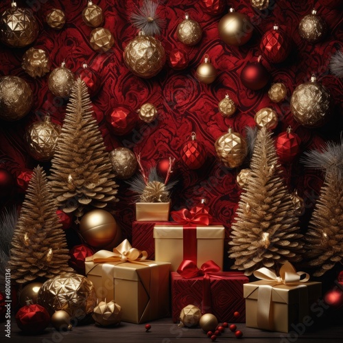 Elegant crimson Christmas background with Christmas trees, golden gifts, sparkling stars for printing, Christmas cards, wallpaper, banners, greeting cards, social ads