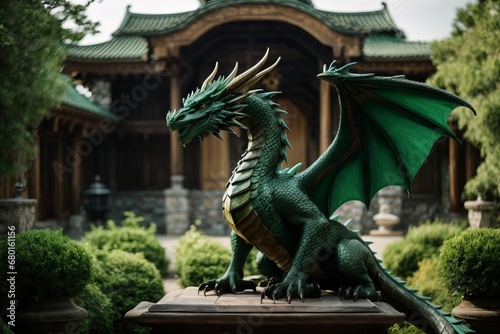 A mighty green big dragon with outstretched wings in an old city. The year 2024 is the concept.