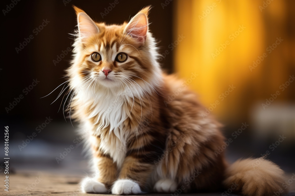 Independent little red and white kitten of Norwegian forest cat, with fluffy longhair fur sitting near the wall. Concept of calming with animal-assisted therapy. Independent little red and white kitten of Norwegian forest cat, with fluffy longhair fur sitting near the wall. Concept of calming with animal-assisted therapy.