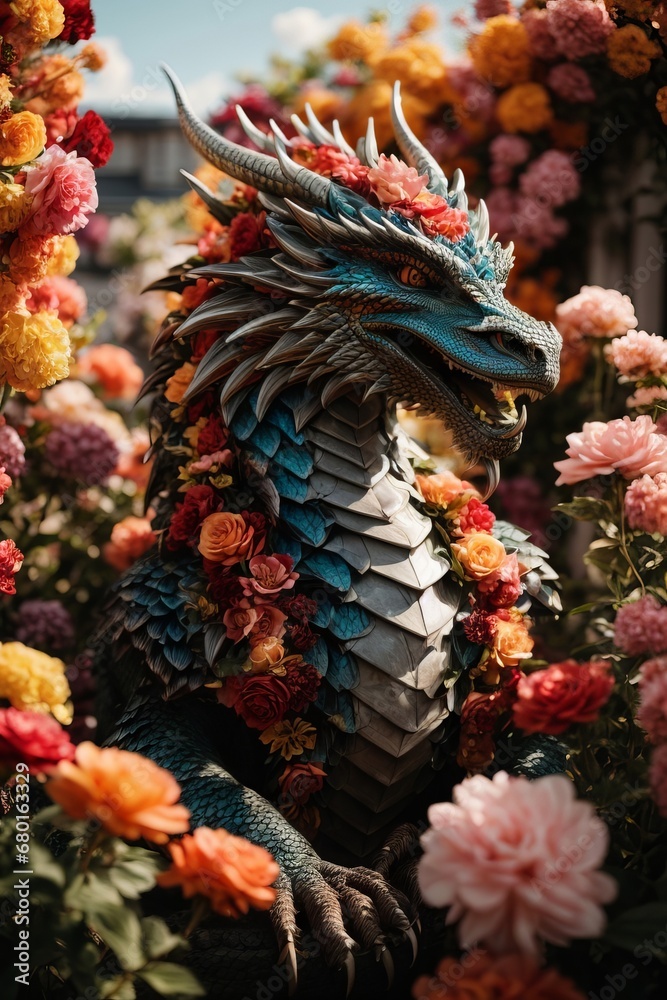 A silver dragon with a beautiful wreath around his neck on a background of multicolored flowers. A silver dragon with a beautiful wreath around his neck on a background of multicolored flowers.