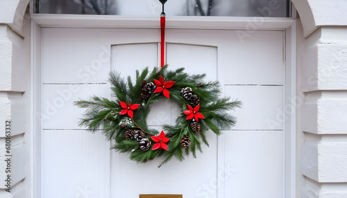 decorated christmas wreath, Seasonal Splendor Snowy Day Door Decor with Christmas Wreath