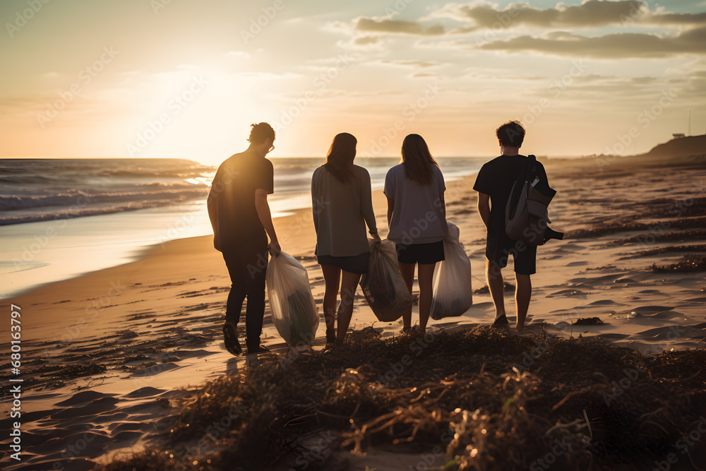 Friends on a beach vacation at sunset by the water. Friends on a beach vacation at sunset by the water.