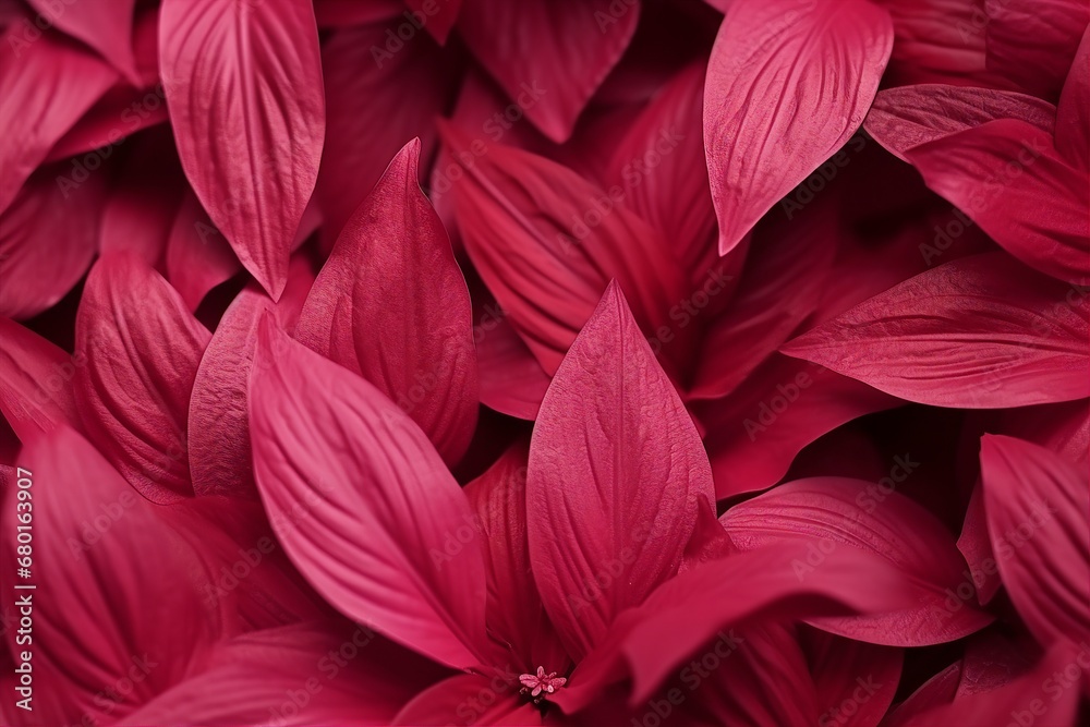 Viva Magenta beautiful view of big leaves in monochrome color. Forest Viva Magenta colored plants. Copy space. generative ai.
