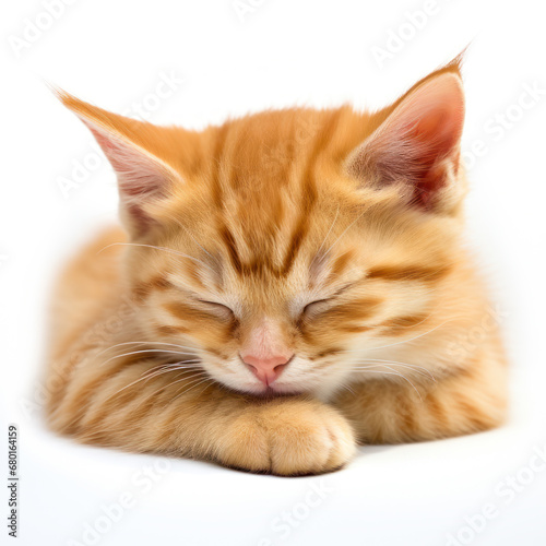 Portrait of a little red ginger kitten peacefully asleep, against a white background.