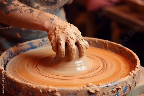 Expert potter skillfully molding clay on a spinning wheel