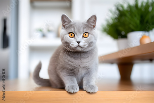 Adorable cat sitting on table, looking at camera with cute whiskers. © gographic