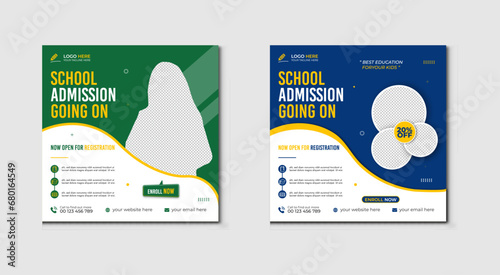 School admission social media post banner design. back to school social media post banner design set. Back to school admission promotion banner. school admission template for social media ad.
