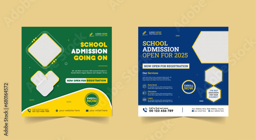 School admission social media post banner design. back to school social media post banner design set. Back to school admission promotion banner. school admission template for social media ad.
