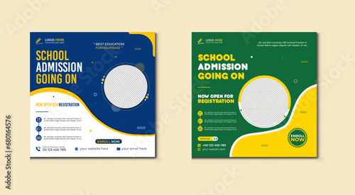 School admission social media post banner design. back to school social media post banner design set. Back to school admission promotion banner. school admission template for social media ad.
