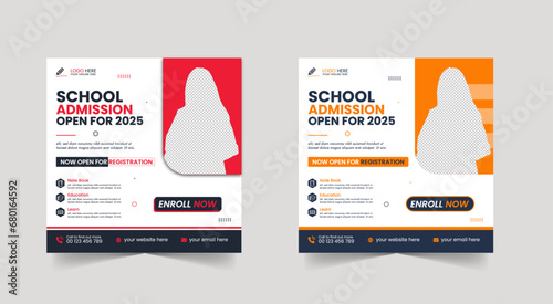 School admission social media post banner design. back to school social media post banner design set. Back to school admission promotion banner. school admission template for social media ad.
