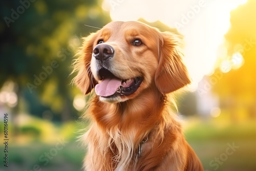 Golden retriever puppy poses in sunlight with vibrant background.
