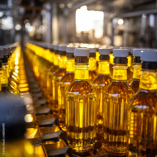Factory conveyor line filling bottles with sunflower and vegetable oil in close up  sharpness  extreme detail  8K resolution  ultra high quality created with Generative Ai
