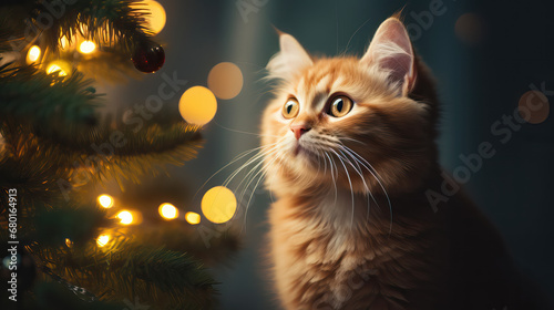 Beautiful Orange Cat by a Christmas Tree Close Up 