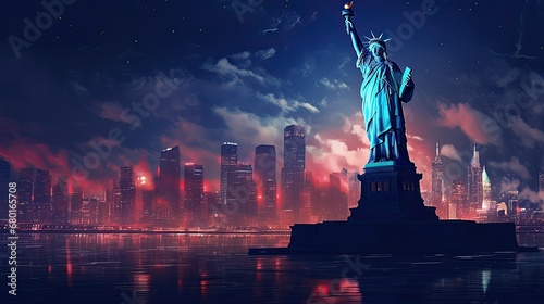 Skyline of New York city at night, generative AI . photo