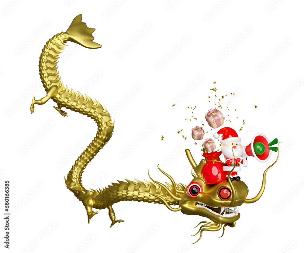 Obraz premium 3d gold santa claus riding a dragon with gift bag, gift box, megaphone or hand speaker, announce promotion news. merry christmas and happy new year, 3d render illustration