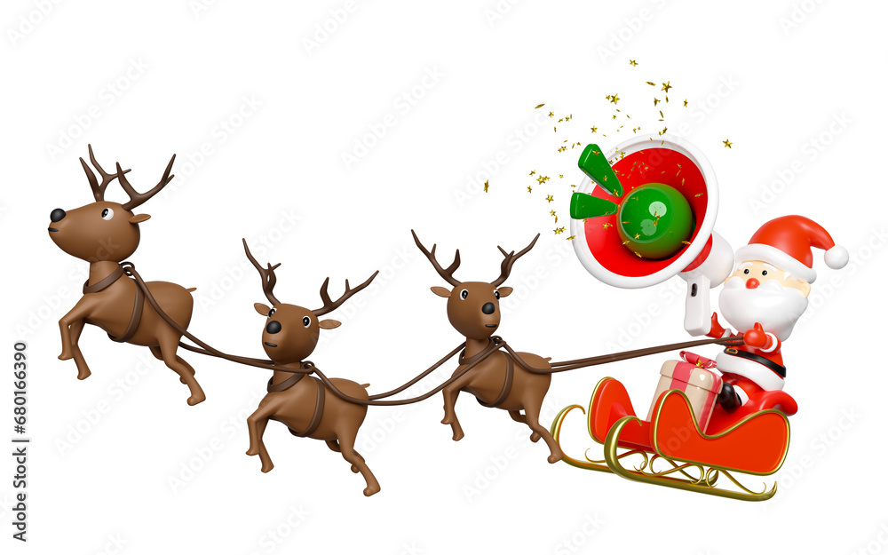 Fototapeta premium 3d reindeer with Santa Claus, sleigh, gift box, megaphone or hand speaker, announce promotion news. merry christmas and happy new year, 3d render illustration