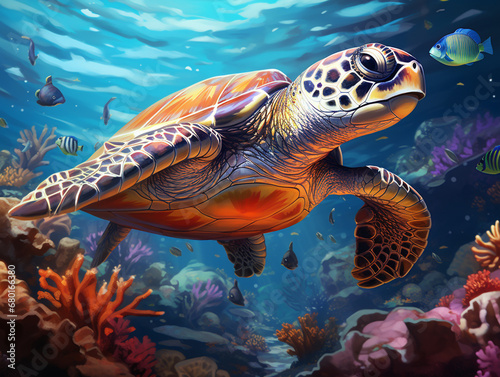 Illustration of a turtle swimming in the coral reef. Sunlight from above warm colors. Surrounded by other sea life. 