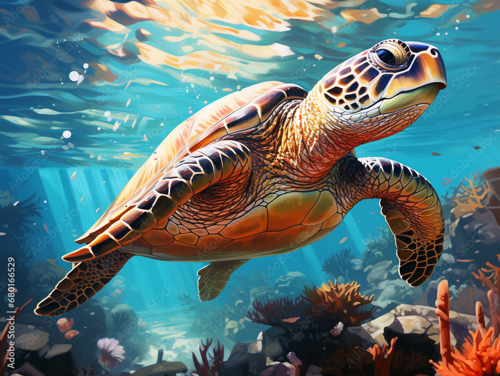 Fototapeta premium Illustration of a turtle swimming in the coral reef. Sunlight from above warm colors. Surrounded by other sea life. 