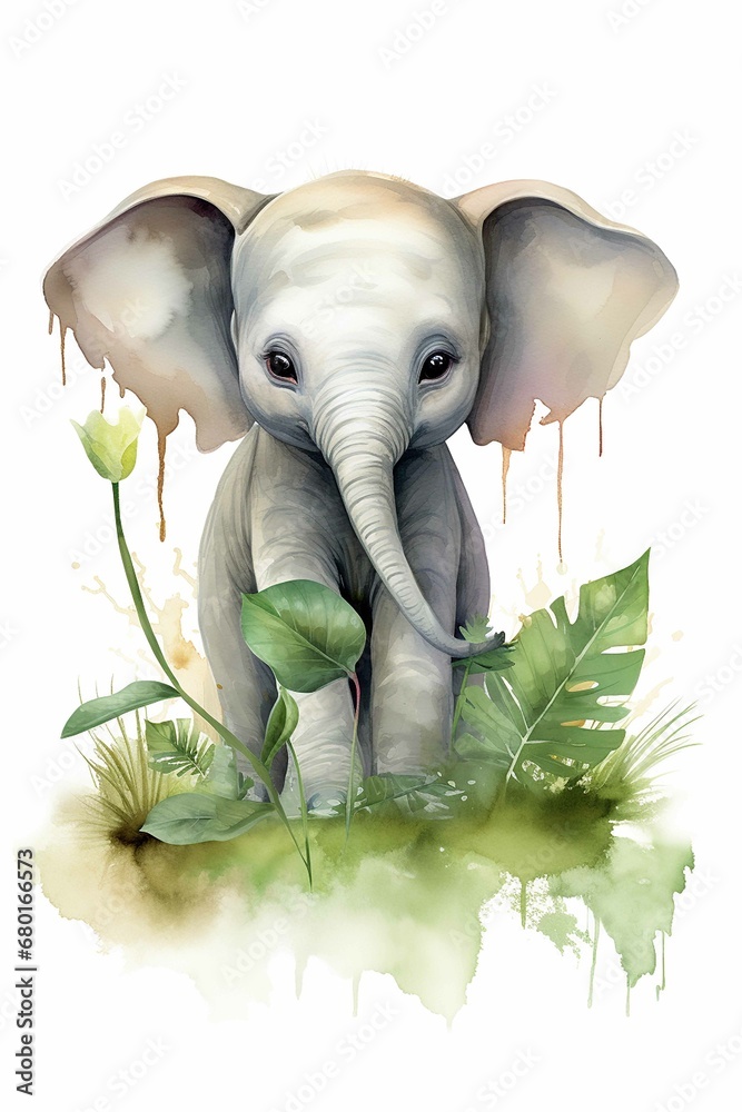 Beautiful and happy fantasy baby elephant in nature clipart On a white background, illustrations on a white background, artistic painting, watercolor, realistic