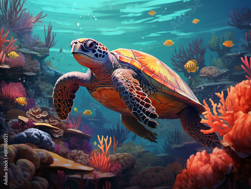 Illustration of a turtle swimming in the coral reef. Sunlight from above warm colors. Surrounded by other sea life.  © Aisyaqilumar