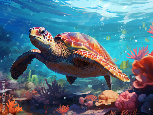 Illustration of a turtle swimming in the coral reef. Sunlight from above warm colors. Surrounded by other sea life.  © Aisyaqilumar