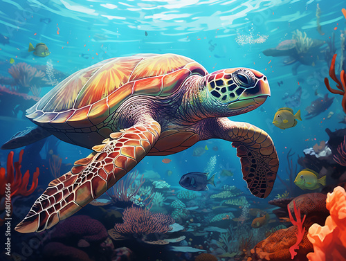 Illustration of a turtle swimming in the coral reef. Sunlight from above warm colors. Surrounded by other sea life.  © Aisyaqilumar