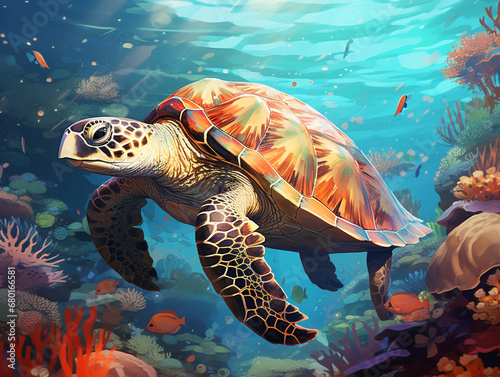 Illustration of a turtle swimming in the coral reef. Sunlight from above warm colors. Surrounded by other sea life. 