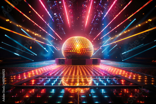 Discotheque or club stage with a shimmering disco ball and neon flashing lights. photo