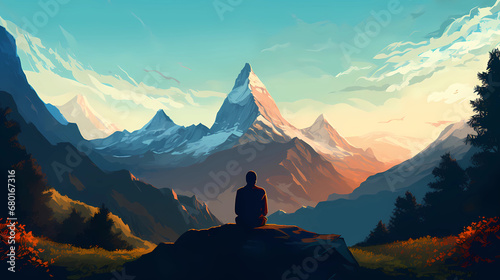 Illustration of a man practicing meditation, yoga, relaxation in her calm mountains, with tranquility, peaceful mind, well-being and serenity - Generated by Generative AI photo