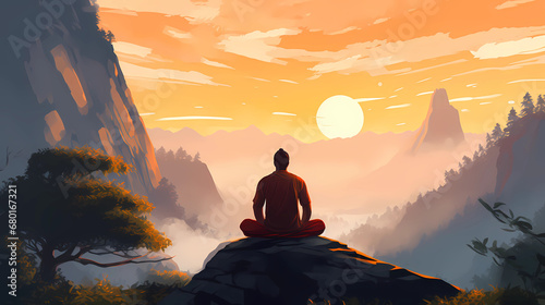 Illustration of a man practicing meditation, yoga, relaxation in her calm mountains, with tranquility, peaceful mind, well-being and serenity - Generated by Generative AI photo