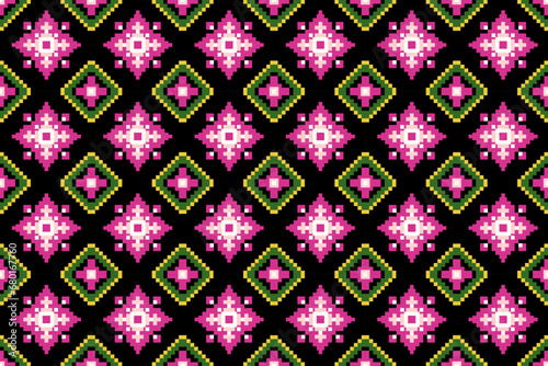 Ethnic Pink Floral Damask Pixel Art Seamless Pattern.  Design for fabric, tile, embroidery, wrapping, wallpaper, and background